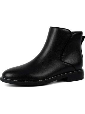 Women's Black Faux Leather Low Heel Rounded Toe with Side Zipper Heeled Boots
